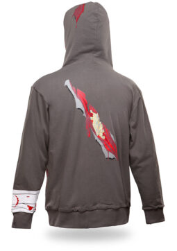 The back of a zombie attack victim themed hooded sweatshirt. The zombie hoodie features a fake printed bandaged zombie bite on the left wrist or forearm area and a fake gash across the back with exposed printed vertebrae appearing.