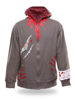 A gray "zombie attack" themed hoodie. This hooded sweatshirt features blood splatters, bloody handprints, fake printed rips, printed bandage on the left wrist and a printed lining on the hood resembling human brains.