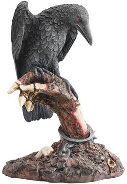 The Raven's Perch Zombie Statue - a resin sculpture of a raven perched on a zombie hand reaching out of the ground