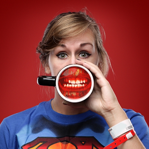 "Infected" zombie coffee mug in use