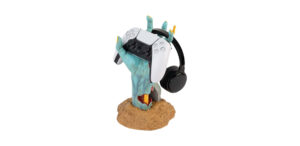 Zombie Hand Controller Holder Statue holding a game controller (PS5) and headphones