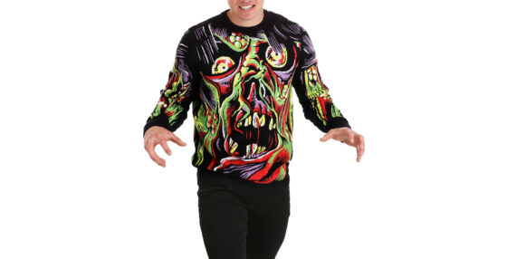 Sweater with a large zombie face on the front.