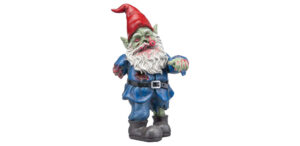 A walking zombie garden gnome statue with painted zombie details.