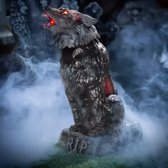 Zombie Wolf decoration with red glowing eyes and mouth against a foggy smoke mist background