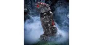 Animated zombie wolf decoration with glowing red eyes against a smokey fog background