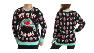 You're my zom-bae Ugly sweater style zombie sweater: Two zombie hands making a heart shape surrounded by text reading "You're my zom-bae"